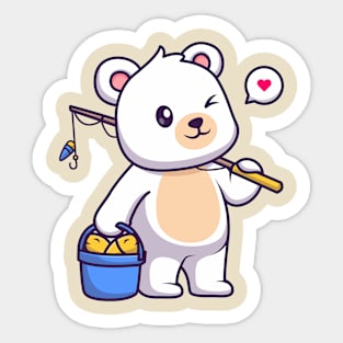 Cute Polar Bear Fishing Fish Cartoon Sticker